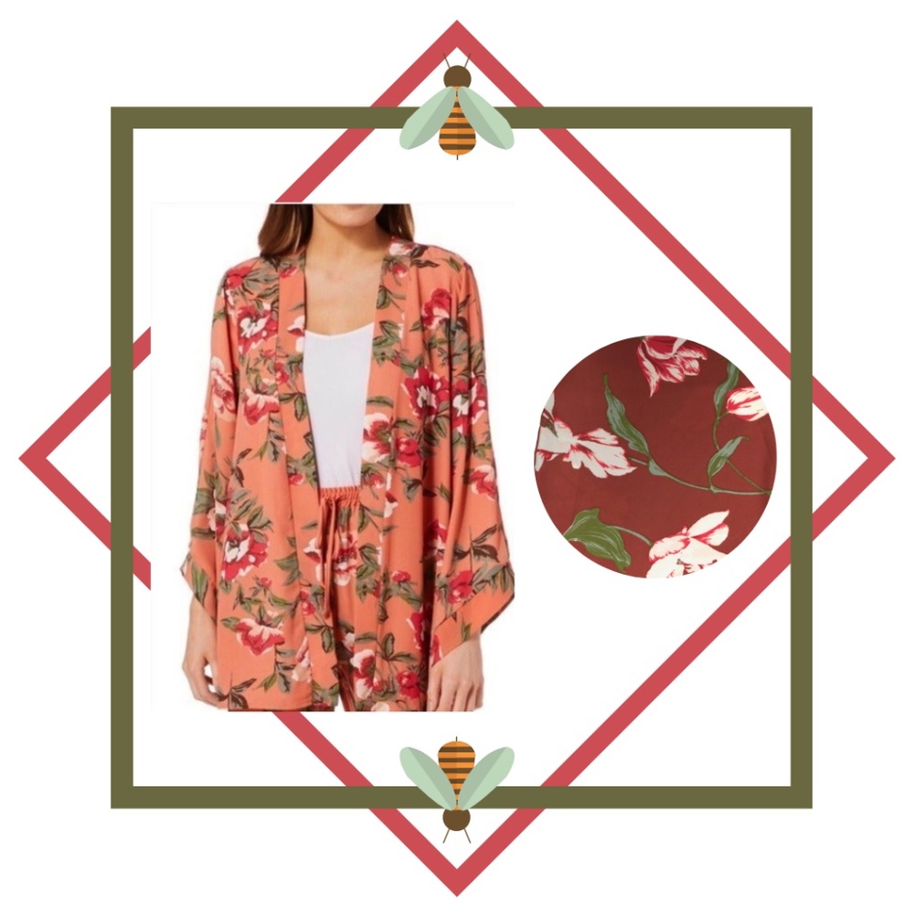 Fever: Light Weight Flower Print Auburn Kimono